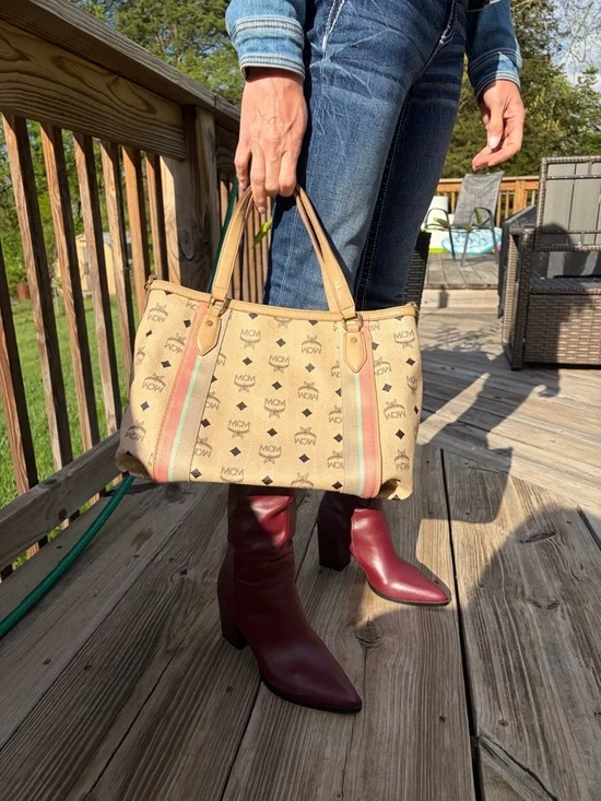 MCM Beige/Pale Pink Monogram Canvas Tote with Striped Trim - Picture 5 of 12
